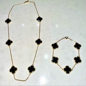 18K Gold Plated Sterling Silver Black Onyx Clover Necklace and Bracelet set.